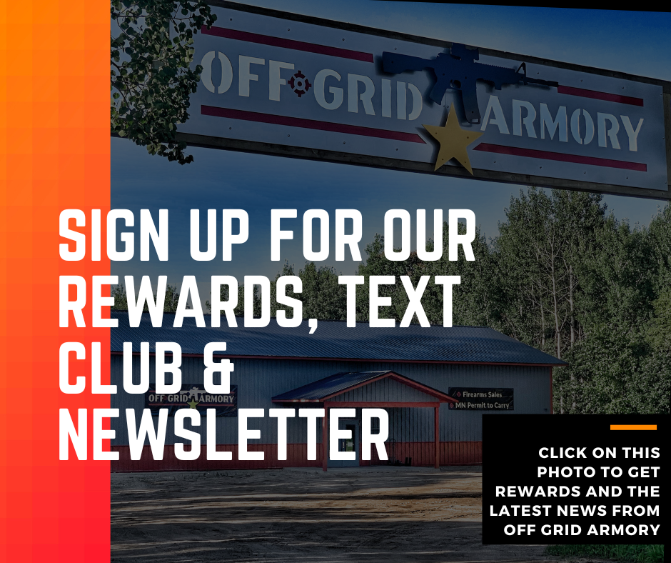 Off Grid Armory Sign up for our rewards, text club and newsletter graphic with image of the Off Grid Armory building